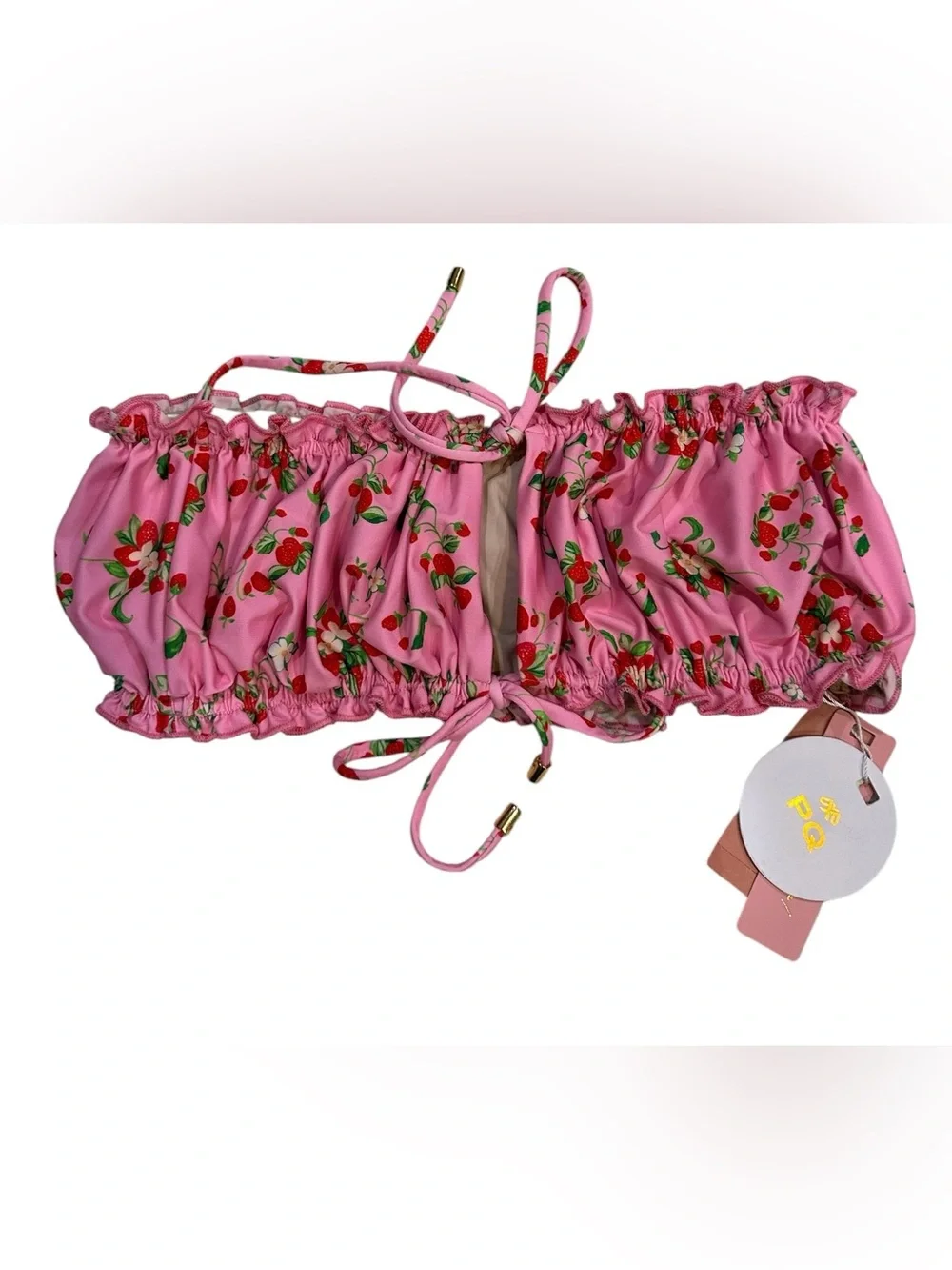 pily Q pink strawberry print remi ruched bandeau bikini top